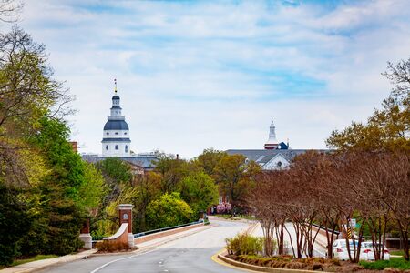 Entrance road and panorama of Annapolis, Marylands capital city, is on Chesapeake Bayの写真素材