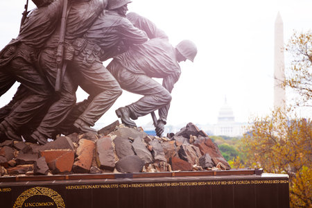 WASHINGTON, DC USA- April 28, 2018: Close photo of Iwo Jima Memorial in Washington, DC. Memorial honors the Marines who have died defending the US.のeditorial素材