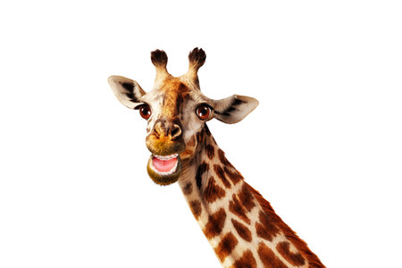 Funny photo of giraffe with open mouth and scarf hat isolated on whiteの写真素材