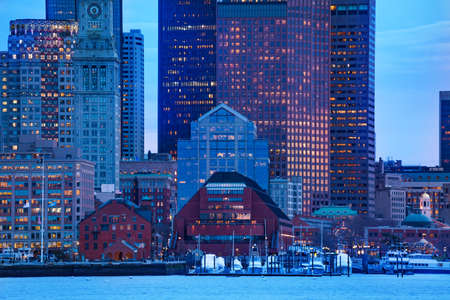 Boston city downtown view from East side of the inner harbor Massachusetts, USAの写真素材