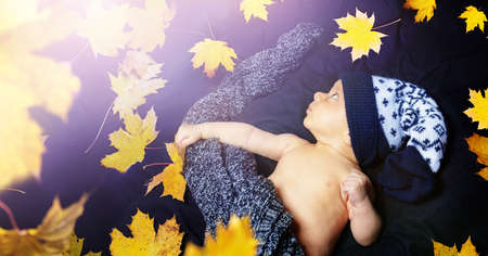 Little newborn baby lay in autumn maple leaves