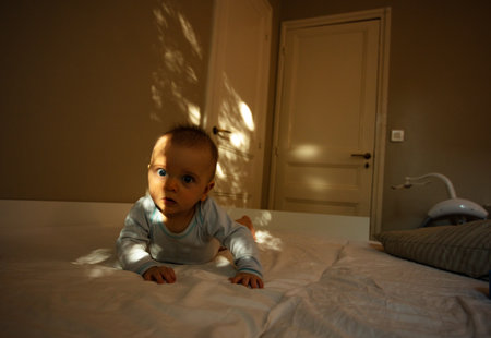 Little baby girl lay portrait on the bed in homeの写真素材