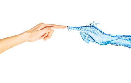 Two hands water and real woman with fingers touchの写真素材