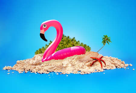 Beach fun illustration of flamingo and sand islandの写真素材