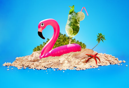 Summer beach relax illustration mojito, flamingoの写真素材