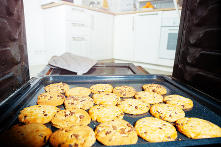 Oven open door and freshly baked cookies on trayの写真素材
