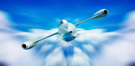 Futuristic supersonic jet airplane fly in cloudsの写真素材