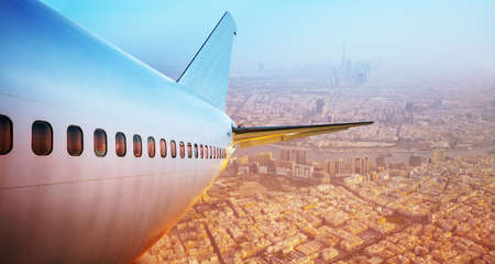 View of airplane tail take off from Dubai, UAEの写真素材
