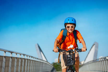 Portrait of a boy on the bicycle cycle over bridgeの写真素材