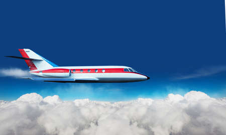 Medium jet plane fly above clouds side viewの写真素材