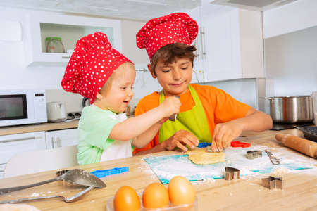 Children brothers cut out cookies shapes pastryの写真素材