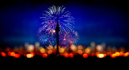 Fireworks in the night sky over Berlin TV towerの写真素材