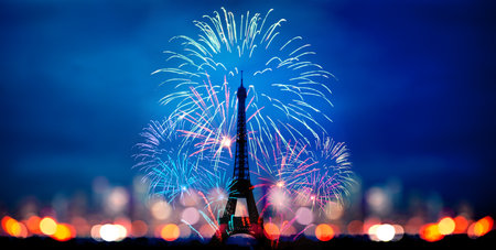 Fireworks celebration over Eifel tower in Parisの写真素材
