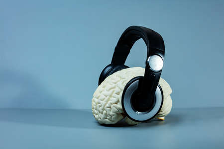 Good music listening concept brain in headphonesの写真素材