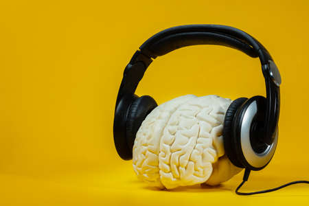 Smart music listening concept brain in headphonesの写真素材