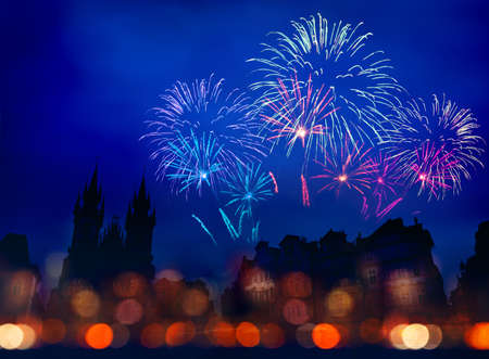 Fireworks over old town square in Prague at nightの写真素材