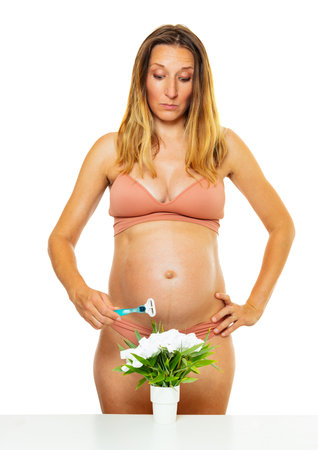 Sad tired pregnant woman shave issue illustrationの写真素材