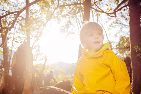 Happy smiling boy portrait in autumn sunny forestの写真素材