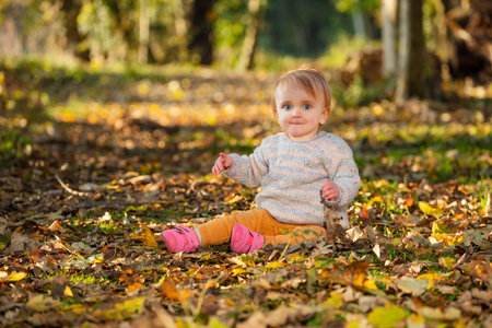 Happy little girl sitting in autumn sunny forestの写真素材