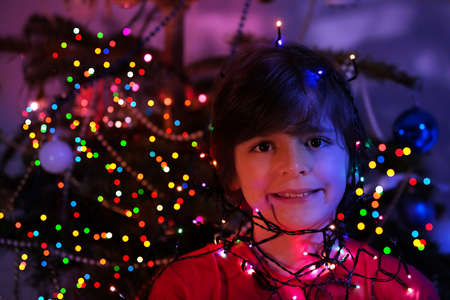 Boy portrait by New Year tree hold garland lightsの写真素材