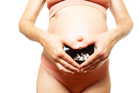 Pregnant woman and ultrasound image in heart shapeの写真素材