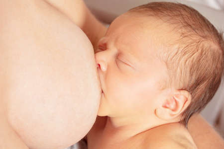 Close-up of newborn infant a baby breastfeed from motherの写真素材