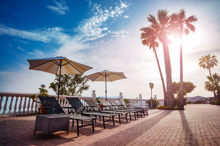 Sun loungers beach umbrellas and pool in sunset lightの写真素材
