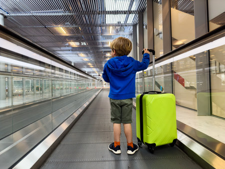 Boy with suitcase stands on a moving walkway at airportの写真素材