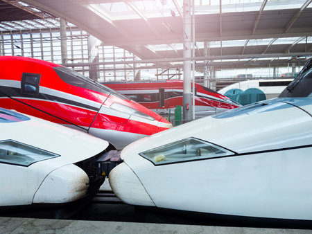 Many different high speed and bullet trains on the stationの写真素材