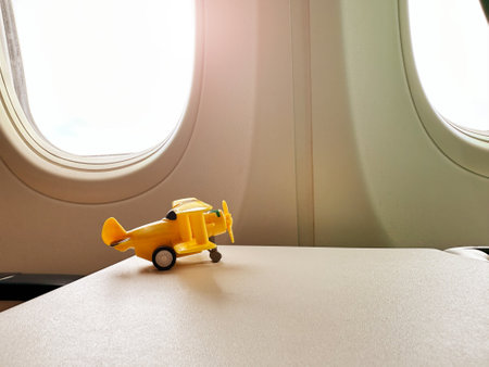 Little toy airplane on the commercial plane tableの写真素材