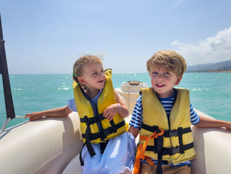 Little adventurers seat in boat wear life jackets at sea walkの写真素材