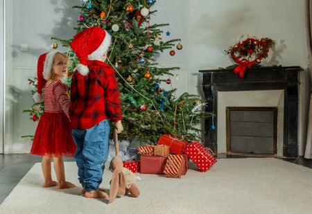 Small children in Santa hats admire a decorated Christmas treeの写真素材