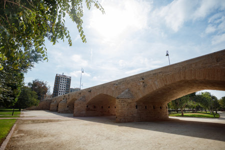 Valencia Jardin del Turia park, once riverbed, crossed by bridgeの写真素材