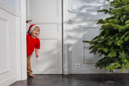 Child peeks behind door, wearing Santa hat, near Christmas treeの写真素材