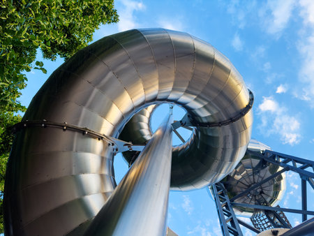 Curved metal slide structure leading up to the blue sky and treeの写真素材