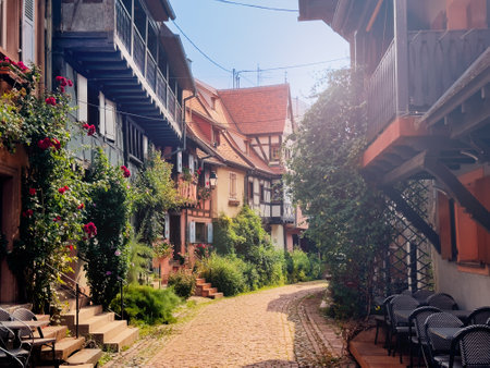 Picturesque historic streets with flowers and timbered homesの写真素材