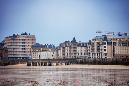 Charming seaside old town Saint Malo at tide view from harborの写真素材