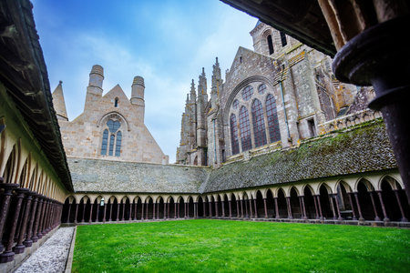 Stunning architectural details of a historic abbey courtyardの写真素材