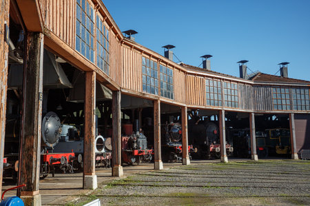 Steam locomotives sit in bays of a roundhouse under blue skyの写真素材