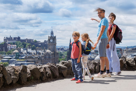 Family with kids sightseeing adventure in Edinburgh, Scotlandの写真素材