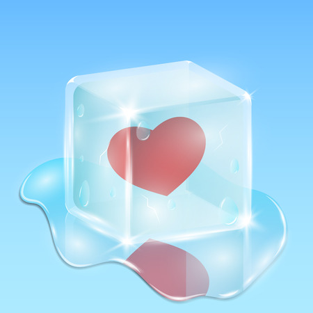 Frozen in a cube of ice heart. Waiting for love. Composition on the day of the holy valentine. A pool of water and drops everywhereのイラスト素材