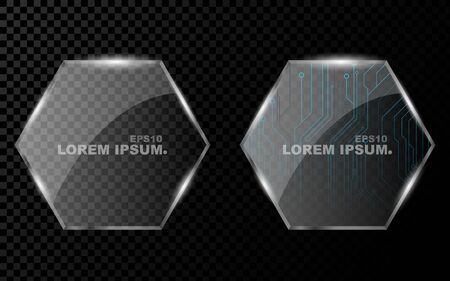 A banner from a flat realistic polygon, a hexagon and from a shining, bright 3d glass on a dark transparent background.のイラスト素材