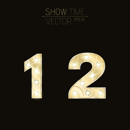 Gold figures 1 and 2 with a curly pattern. Beautiful, flashing light bulbs. Realistic vector illustration on a dark background for shows and presentations. EPS 10のイラスト素材