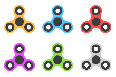 Spinner. A modern anti-stress toy in a flat style. A toy for hands and fingers. Bearing system. Set of multi-colored spinners isolated on white background. Vector illustrationのイラスト素材