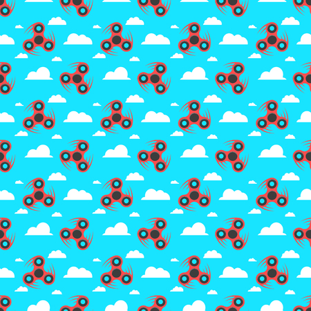 Spinner. A pattern of red spinners in a flat style. Spinners are spinning against the sky. lat, white clouds. A modern antistress toy for recreation. Play with your fingers. Vector illustrationのイラスト素材
