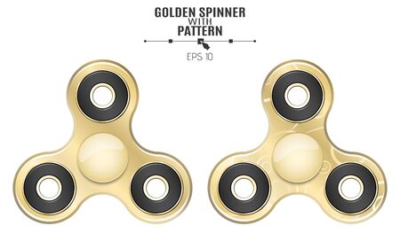 A realistic spinner of golden color with a beautiful pattern. A modern anti-stress toy. Hobbies for fingers. A trendy toy. 3d style. Glossy object isolated on white background. Expensive thing. Vector illustration. EPS 10のイラスト素材