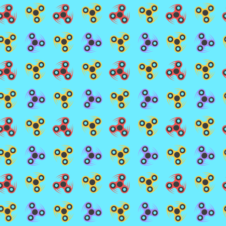 Pattern of spinners in a flat style. Multicolored spinners spin on a blue background. A modern antistress toy for recreation. Play with your fingers. Vector illustrationのイラスト素材