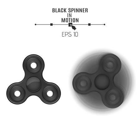 The black spinner is spinning on a white background. Modern toy antistress for fingers. 3d style. Fast rotation. Isolated on white background. Cover for advertising. Vector illustration. EPS 10のイラスト素材