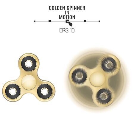 The golden spinner is spinning on a white background. Modern toy antistress for fingers. 3d style. Fast rotation. Isolated on white background. Cover for advertising. Vector illustration. EPS 10のイラスト素材