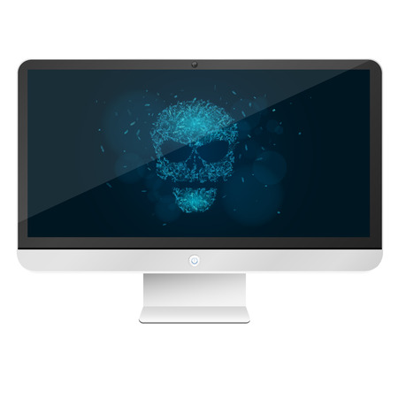 Modern, high-tech computer isolated on white background. A glowing blue skull from the programming tags. Hackers broke the system. Vector illustration. EPS 10のイラスト素材